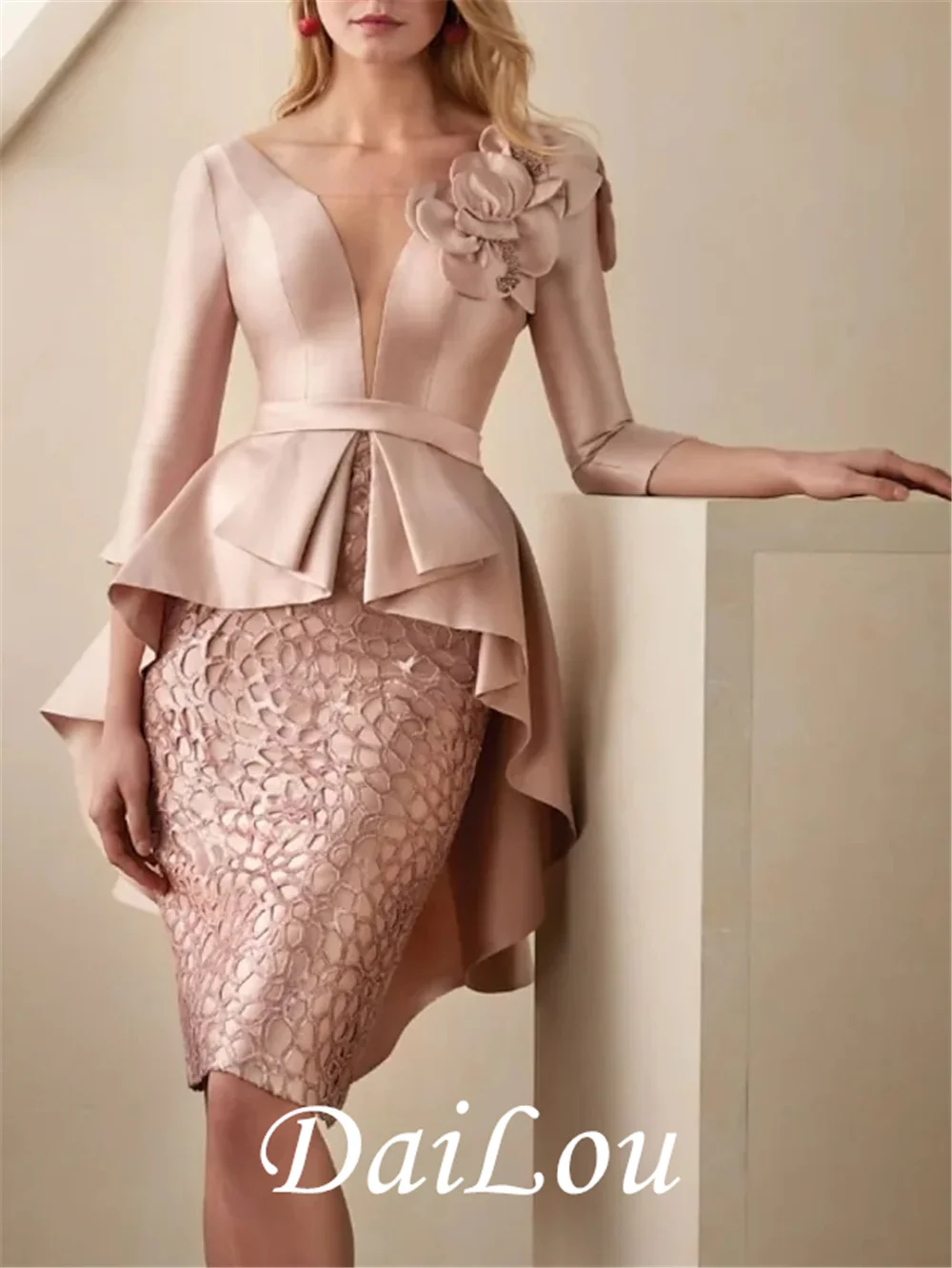 

Sheath / Column Mother of the Bride Dress Elegant Bateau Neck Knee Length Satin 3/4 Length Sleeve with Pleats Flower 2021