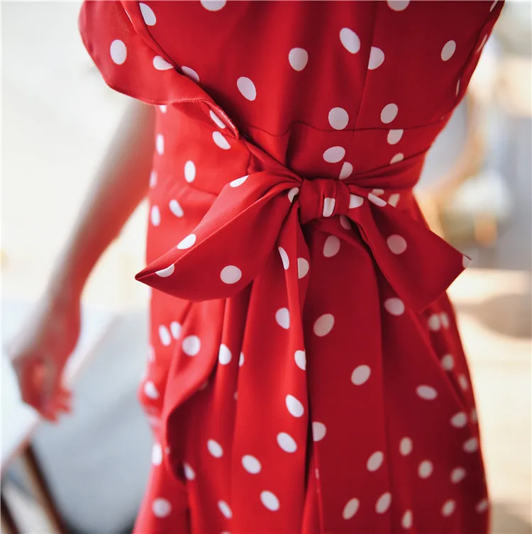 Dabuwawa Vintage Dot Print Ruffle Dress Women Sexy Ruffle Neck Split Hem Bow Sleeve Asymmetrical Sashes Dress Female DT1BDR006