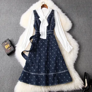 

Women haut femme elegant chiffon shirts bow collar lantern sleeve top jacquard denim jean dress suit 2020 spring two piece set