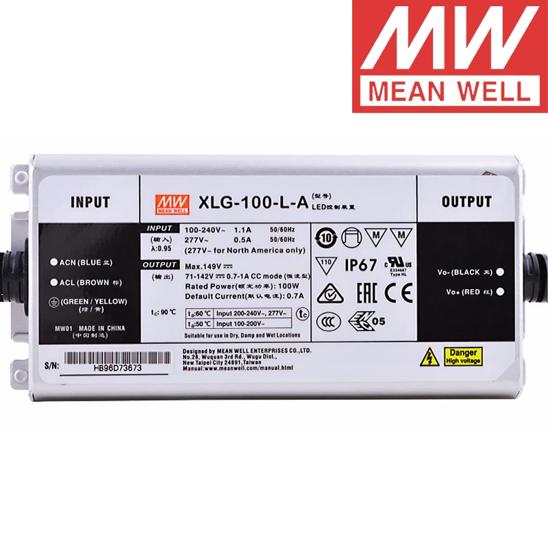 Бренд Mean Well представляет XLG-100-L-A IP67 металлический чехол улица/небоскреб/прожектор