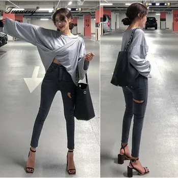

New 2020 Skinny Jeans Women Denim Pants Holes Destroyed Knee Pencil Pants Casual Trousers Black White hole Stretch Ripped Jeans