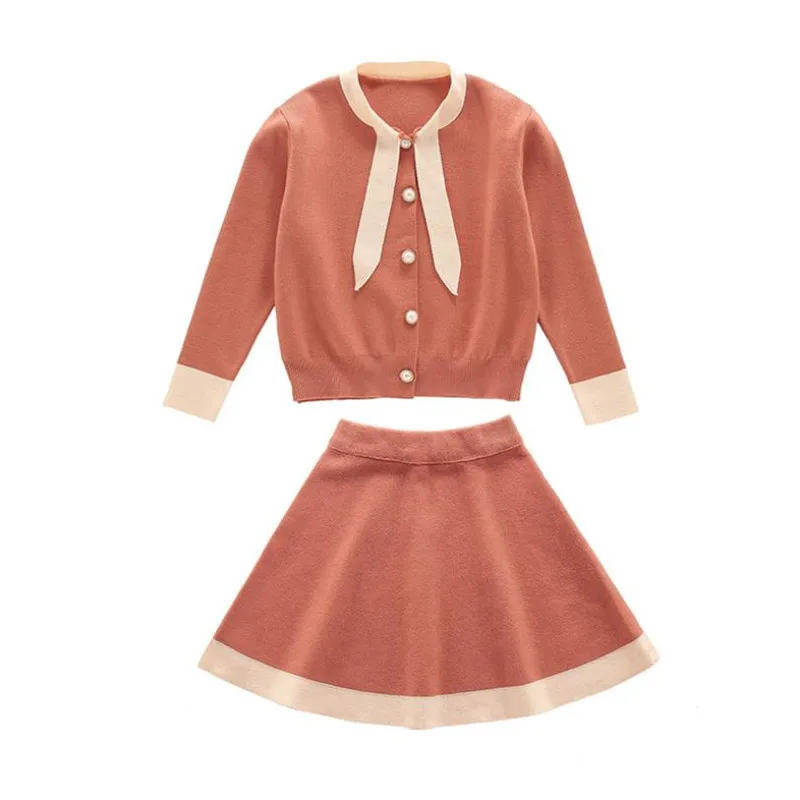 

High Quality Teenager Girls Two Piece Princess Sets Long Sleeve Bow Single-breasted Sweater Coat+Knitted Tutu Skirt Girls Sets