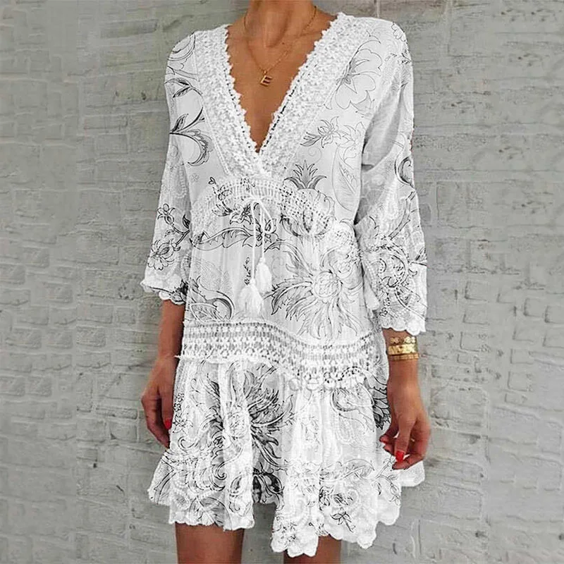 bikini cover up skirt wrap Women Elegant Floral Print Embroidery Mini Dress 2021 Spring Summer Sexy Deep V-Neck Party Dresses Fashion Hollow Out Dress 4XL swim skirt cover up no brief