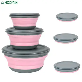 Boîte à déjeuner pliable en Silicone, conteneur de stockage des aliments, tasse en Silicone, bol à salade pliable Portable avec couvercle, ensemble de bols, 3 pièces/ensemble 1