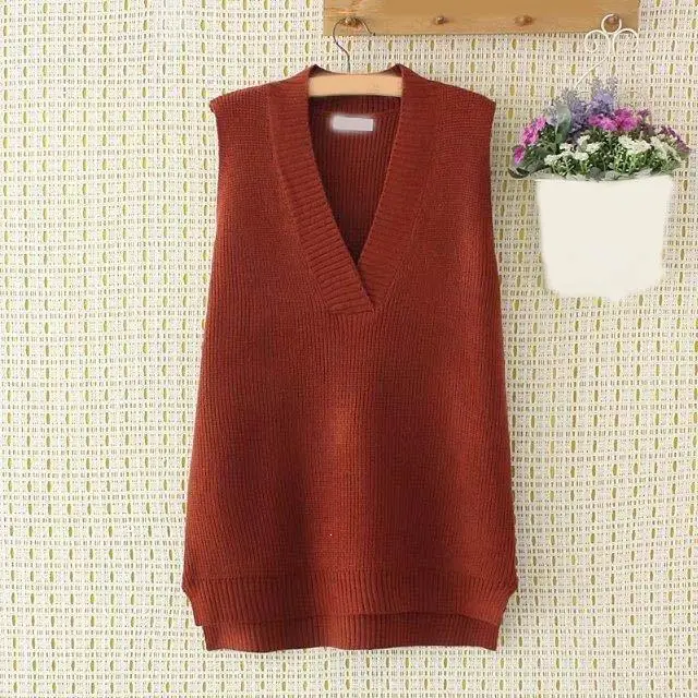 New Casual V Neck Women Knitted Pullover Vests Coat Female Plus Size Solid Sweater Vest