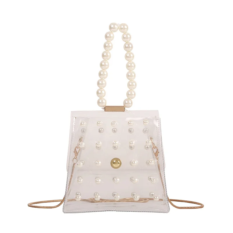 

High Grade Sense Transparent Bag Women's 2019 Summer New Style Fashion Pearl Hand Gel Bag Fairy Chain Shoulder Bag