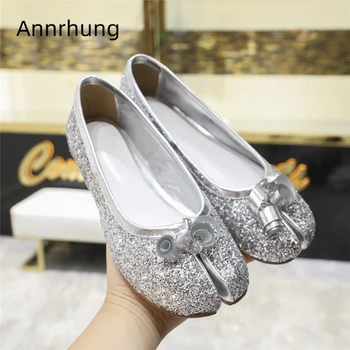 

Glitter Casual Shoes Woman Split Toe Flat Heels Little Bowtie Chic Decor Bling Sequined Cloth Slip on Party Ballet Flats