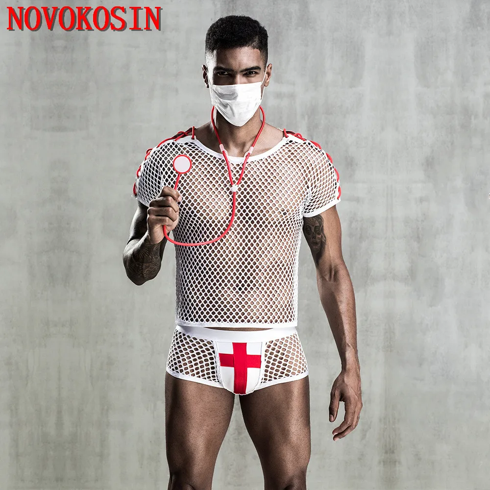 

4 Pieces Men Doctor Cosplay Costume Nightgown White Halloween Uniform Hot Sexy Fish Net Tulle Fancy Tight Shirt Panties Mask
