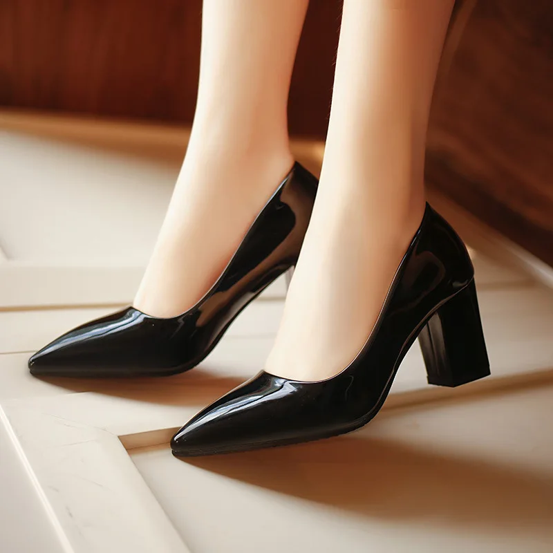

Autumn New Arrival New Style Chunky-Heel Semi-high Heeled Pointed-Toe WOMEN'S Shoes Patent Leather Versatile Shallow Mouth Singl