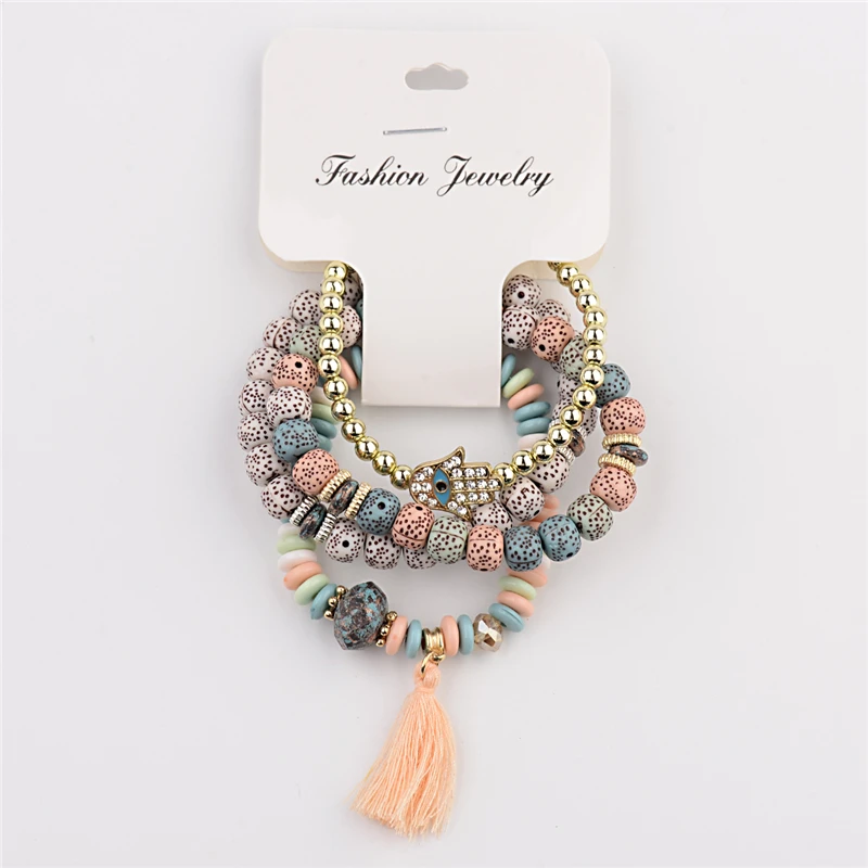 Vintage Bohemian Charm Bracelet Set with Natural Stone Beads and Tassel Pendants - 4 Pieces