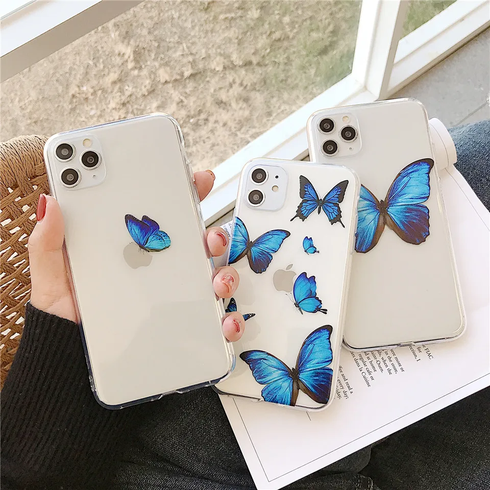 Cute butterfly blue phone case for iphone 11 Pro Max cases clear TPU soft XR XS MAX X 7 8 plus fundas coque cover |