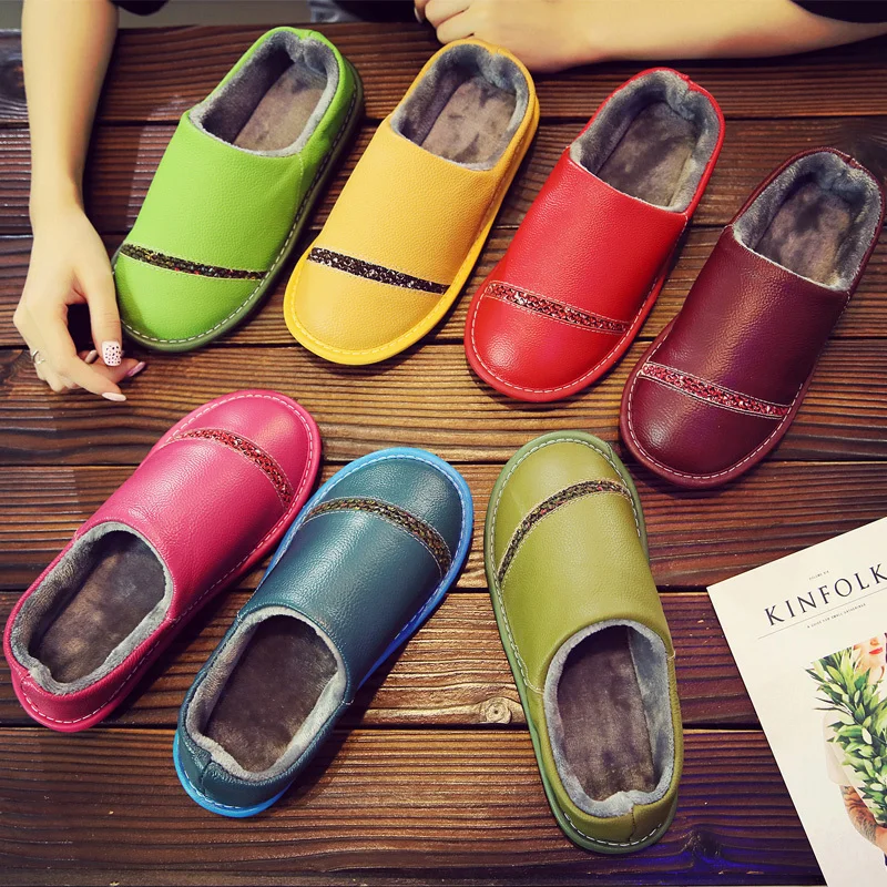 

Leather Cowhide Slippers Autumn and Winter Cotton Slippers Home Floor Slippers Men and Women Slip Waterproof Warm Shoes