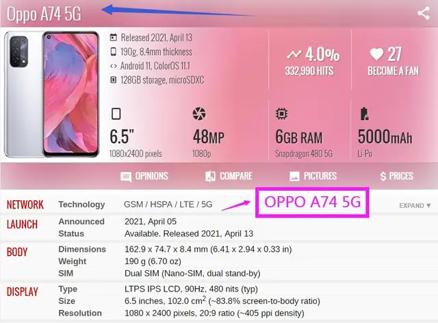 OPPO A74 5G - Specifications