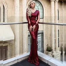 Dressv красное вечернее платье с v-образным вырезом, Русалка, длинные рукава, длина до пола, с блестками, для свадьбы, вечеринки, официальное вечернее платье es