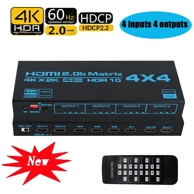 HDMI Matrix Switch 4x4, 4K HDMI Matrix Switcher Splitter 4 In 4 Out Box with EDID Extractor and IR Remote Control 6x2 hdmi matrix pip 1 4v 4k 2k 3d audio edid arc audio extractor 5 1ch switch splitter 6 input 2 output converter for hdtv 06m1