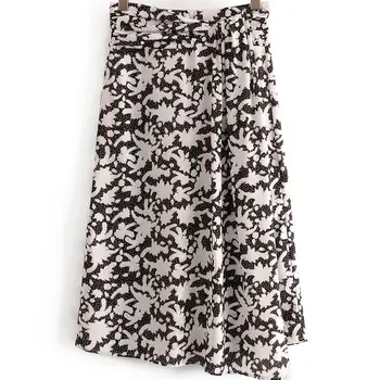 

2020 summer women's new retro high waist was thin and versatile side slit printed floral knee skirt