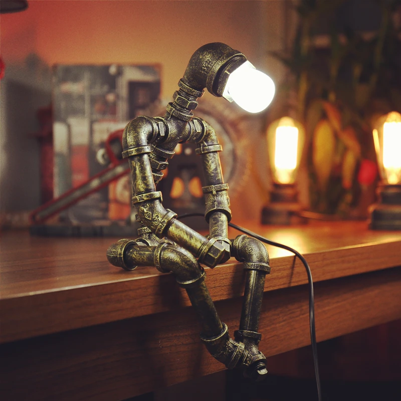 

Creative Iron Tube Edison Led Table Light Fixtures Industry Loft Vintage Decor Lamp Coffee Bar Water Pipe Robot Retro Table Lamp