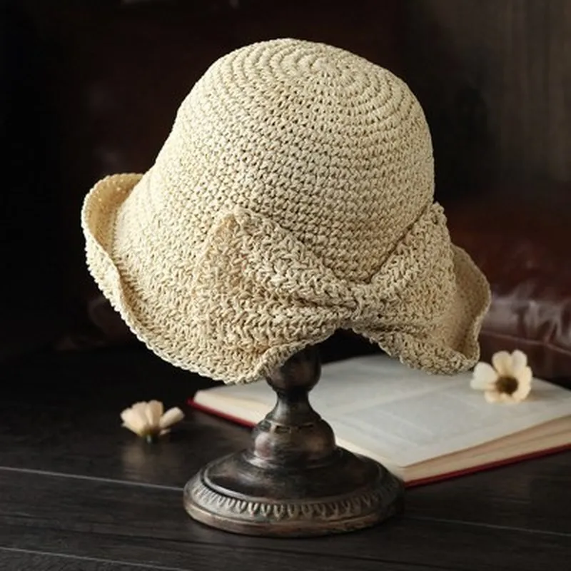 

sun hats summer beach outdoor straw women hat wide brim weave bowknot elegant sun protective solid color bucket summer women hat