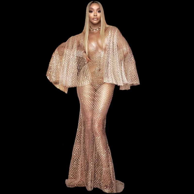 

Flashing Multi-Color Sequins See Through Dress Bar DS Women Singer Outfit Dance Dress Birthday Celebrate Long Dress Dj Ds DT1361