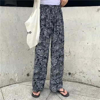 

Alien Kitty Black Casual High Waist Print Leaves Stylish Female Elastic Waist Women Slender Full-Length Loose Wide Leg Trousers