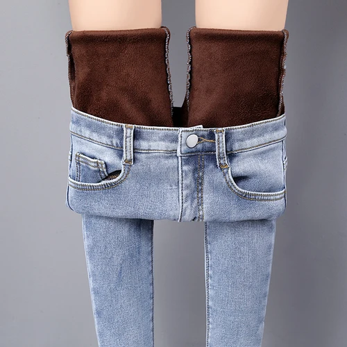 Женские зимние теплые джинсы больших размеров, новинка, повседневные Бархатные брюки с высокой талией, женские джинсы, женские штаны 7580 50 - Цвет: light blue brown
