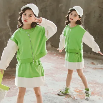 

Fashion Autumn Girls Clothing Set 2020 Children Green Patchwork Sweatshirt + Skirt 2Pcs Kids Outfits Teenage Girl Clothes