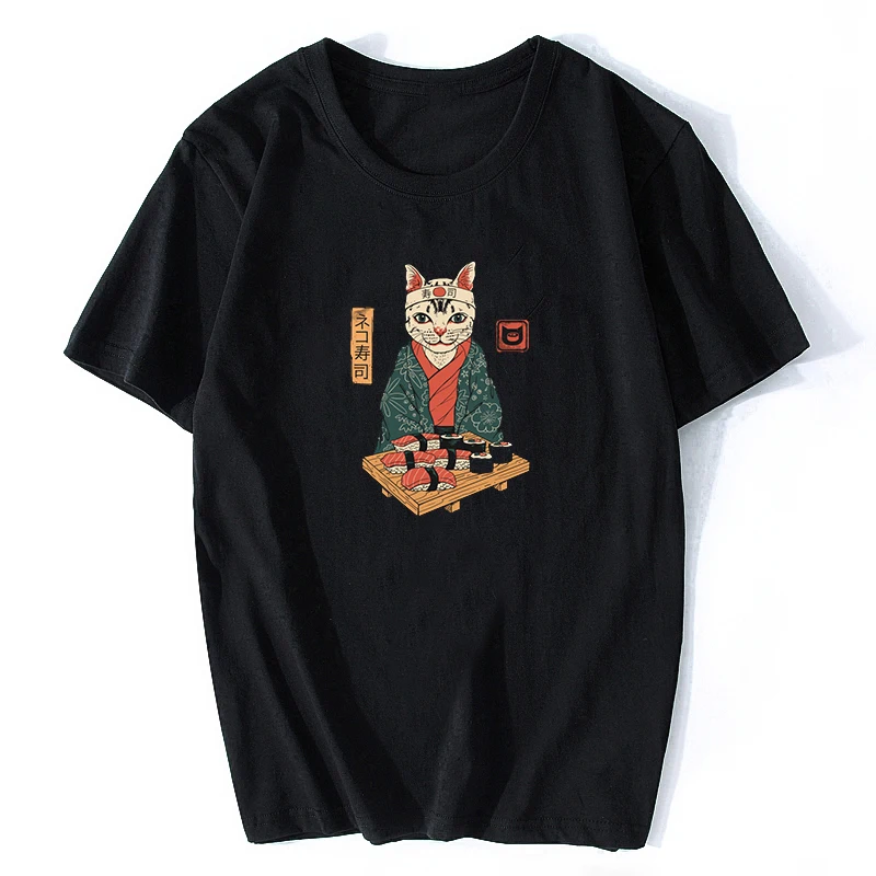 Забавные милые японские суши кошка Графический футболки для женщин Футболка с принтом Kawaii черная футболка для женщин топ Femme Ulzzang мультфильм Camisetas Mujer