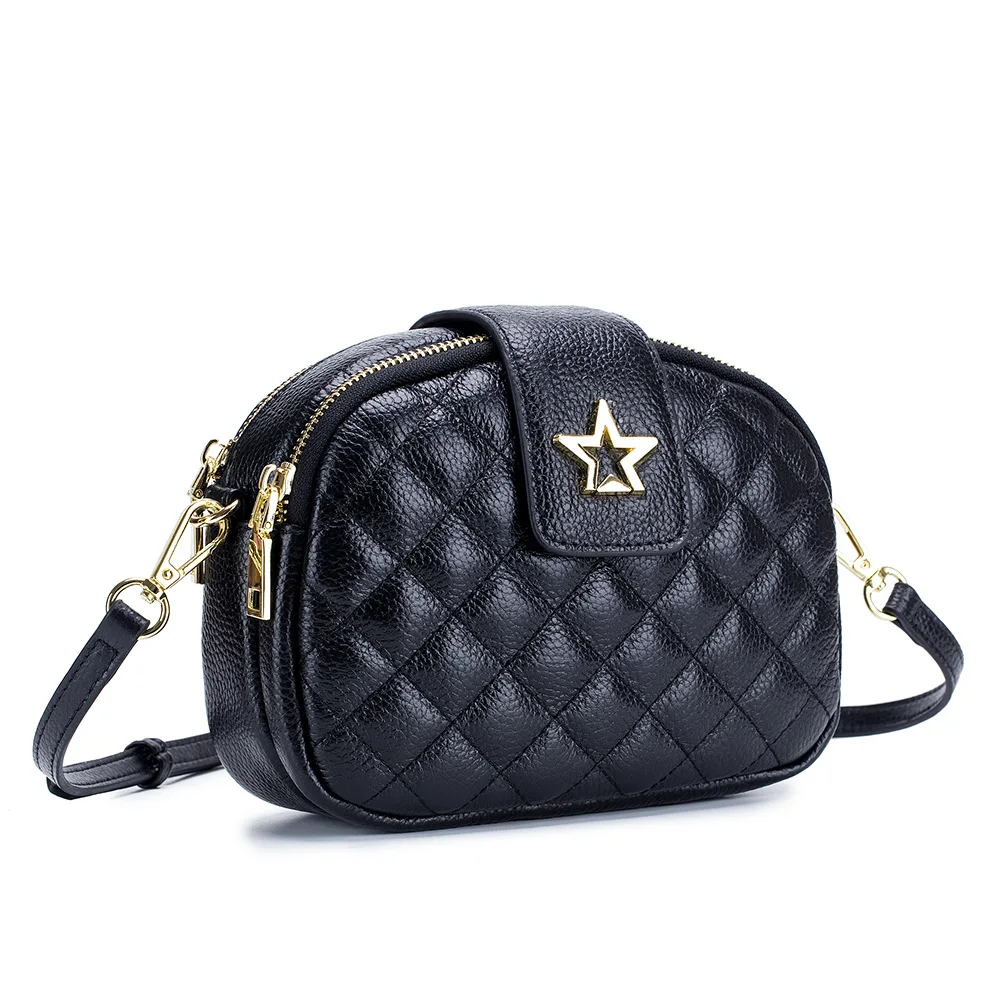 

Bai da xiao round Bag Full-grain Leather Cross-body Double Layer Zipper WOMEN'S Bag 2019 New Style Genuine Leather Rhombus Shoul