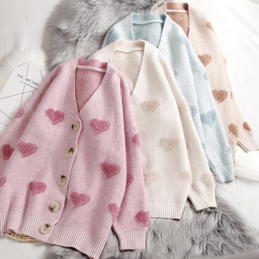 

Puimentiua Sweet Cute Sweater Girl Autumn And Winter Women Knitted Cardigans Kawaii Heart Loose Clothes Oversized Soft Warm Coat