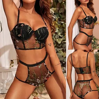 

Women Bra Set Fashion Sexy Lingerie Corset Lace Embroidery printing Underwire Racy Muslin Sleepwear Underwear Tops+Briefs