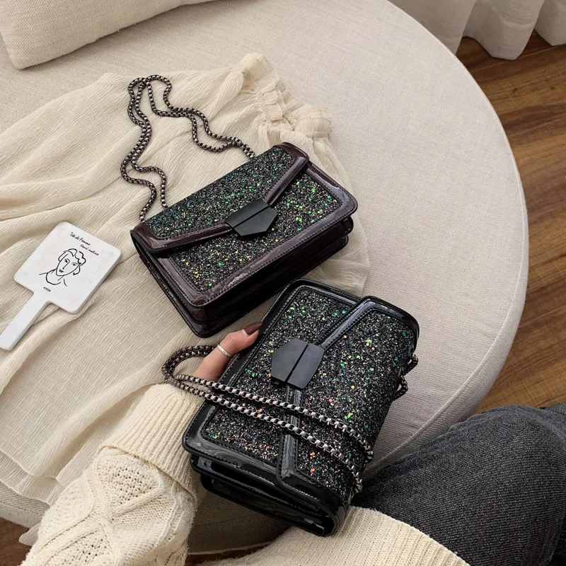 

New Arrival Patent Leather Bag Women's 2019 New Style Fashion Korean-style Versatile Shoulder Bag Sequin Chain Bag Fashion Small