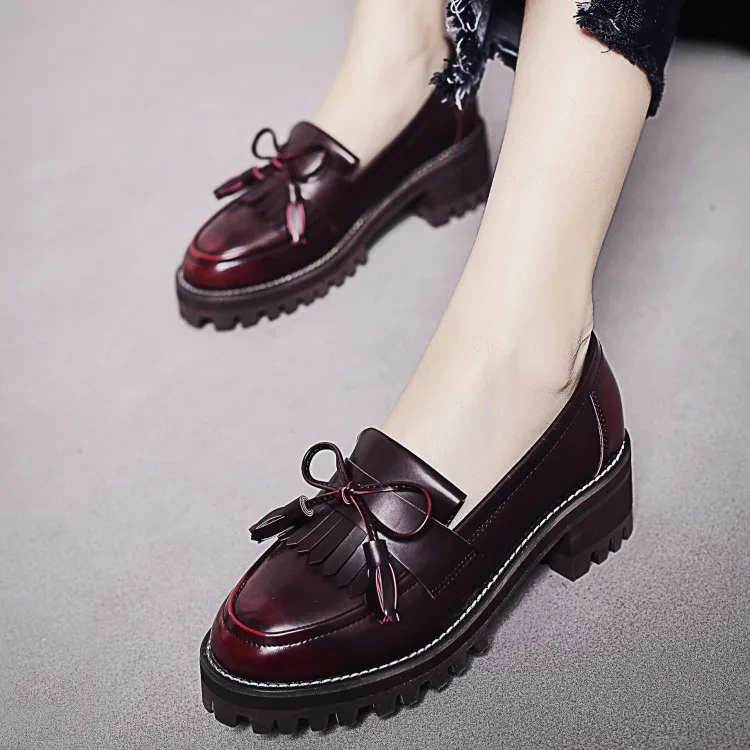 

Women's shoes 2020 spring new thick heel middle heel shoes round head shallow mouth bow tassel PU upper Rubber sole shoefl