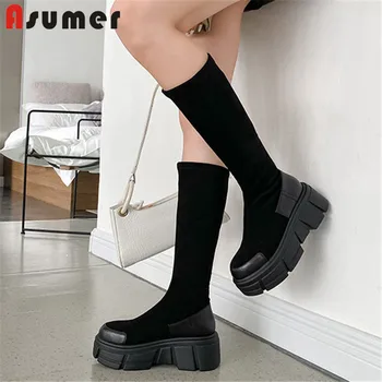 

Asumer Autumn Winter Thick Bottom Stretch Boots Women Casual Shoes Genuine Leather Flock Fashion Punk Knee High Boots Women