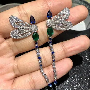 

luxury retro long tassel earrings blue dragonfly micro inlaid zircon earrings