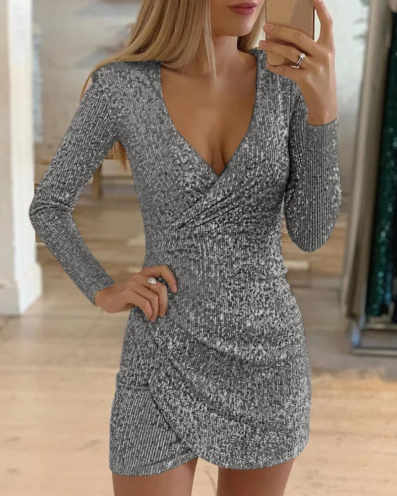 Женское сексуальное облегающее мини-платье телесного цвета с блестками, женское платье с v-образным вырезом, приталенные женские вечерние платья - Цвет: gray