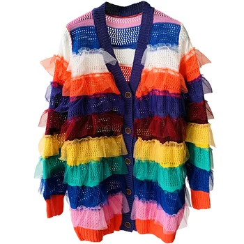 

LANMREM 2020 Autumn new fashion rainbow stripe stitching mesh v-neck single-breasted fashion cardigan sweater for women 2A413