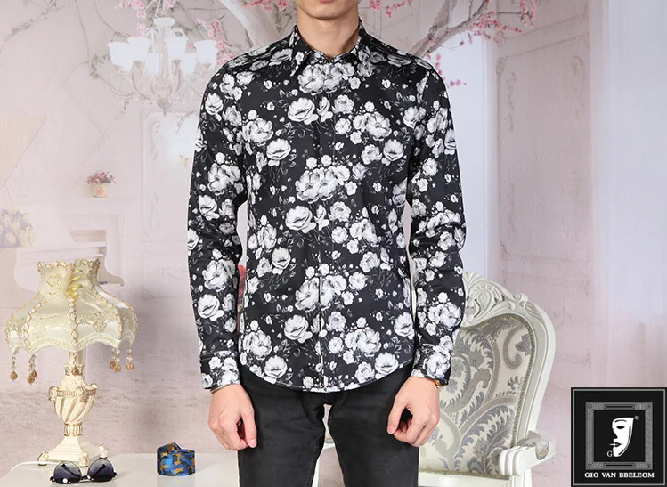 

Camellia Pattern True Digital Activity Printing Micro-elastic Slim Fit Men Shirt Male Shirt Four Seasons Money