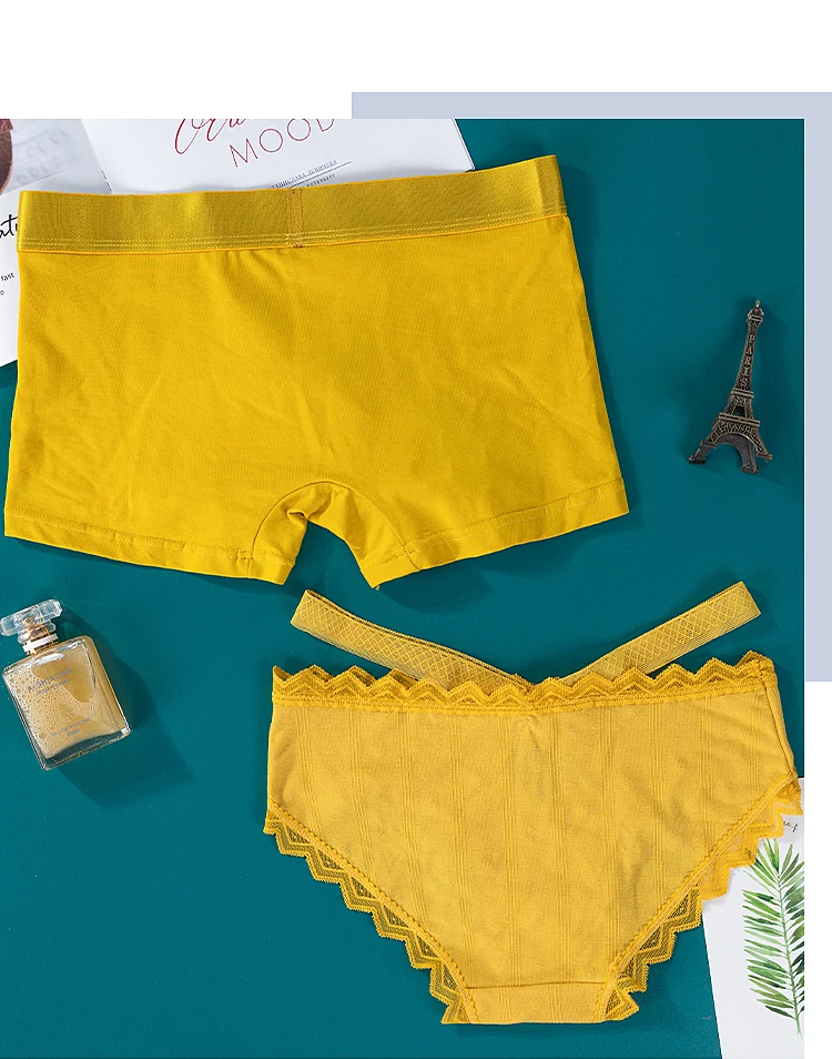 2PCS Pack Couple Panties Set Sexy Lace Ice Silk Fabrics Underwear Men's Boxers Yellow Lace Cotton Panty Women's Briefs Lovers
