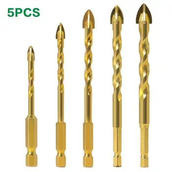 

5pcs Hex Shank Titanium Drill Bit Carbide Tile Glass Cross Spear Head Drilling NEW
