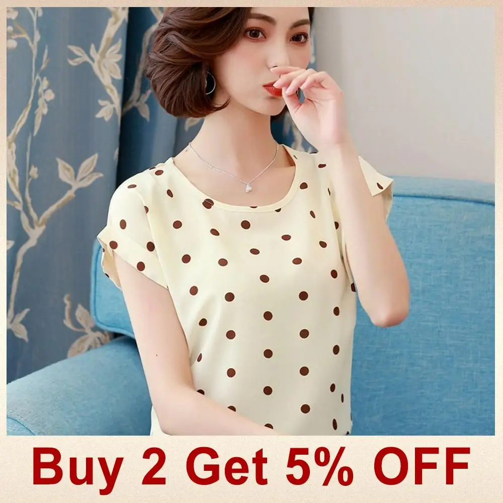 Gentillove 2019 Summer Dot Floral Print Chiffon Blouse Shirt Women Short Sleeve O-Neck Boho Tops Casual Female Plus Size Blusas