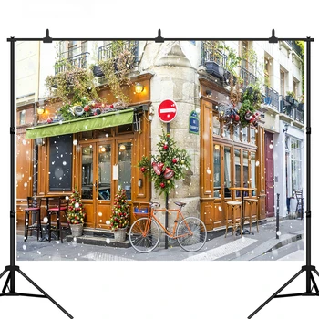 

Background For Photo Studio Christmas Street Corner Winter Snow Cafe Decoration Photography Backdrop Photobooth Prop