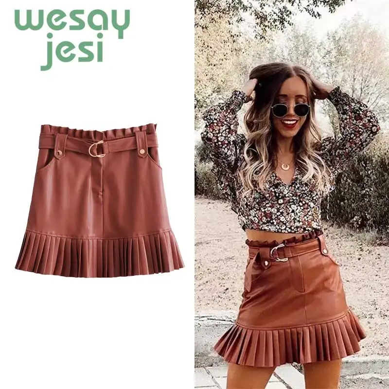 Women leather skirt faux mini women skirt Autumn 2019 high waist double pockets pu streetwear casual a-line short skirts womens
