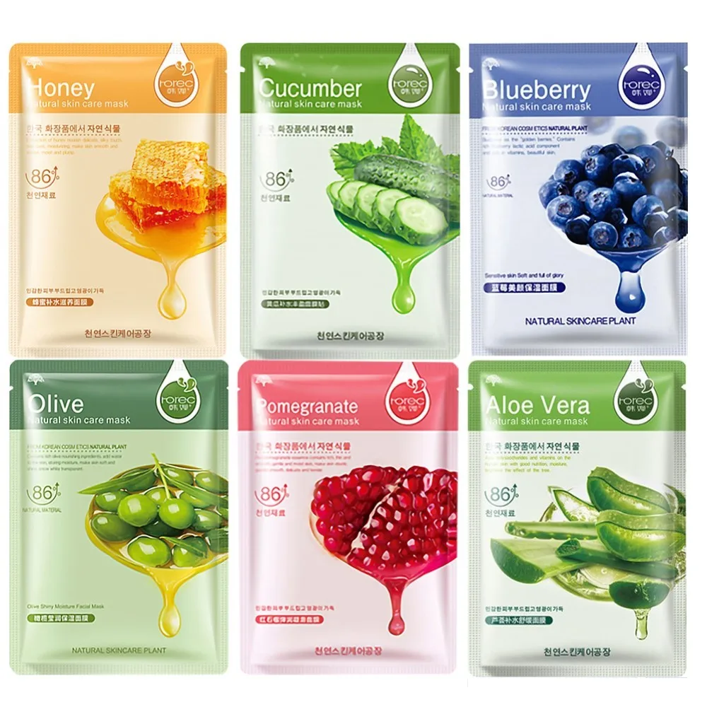 

Plant Essence Facial Mask Cosmetic Skin Care Moisturizing Oil Control Whitening Brighten Sheet Mask Aloe Honey Olives Blueberry