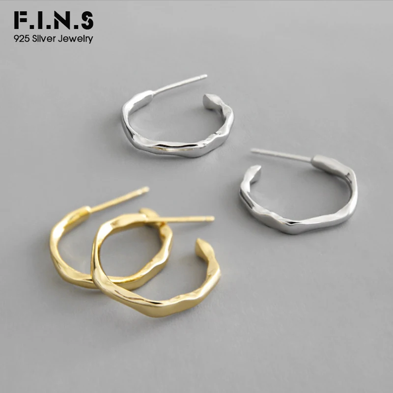 

F.I.N.S S925 Sterling Silver Hoop Earrings INS Simple Irregular Concave Line 925 Silver Ear Hoops Two-tones Round Earrings Women