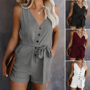 

2020 New Women Casual V-Neck Summer Jumpsuit Retro Button Sleeveless Jumpsuit Lady Mid Waist Straight Belt Bow Women's Shorts