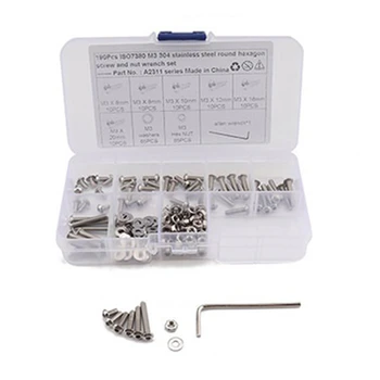 

190Pcs Stainless Steel M3 Round Head Hexagonal Thrust Screw Round Nut Flat Washer Supporting Wrench Classification Kit