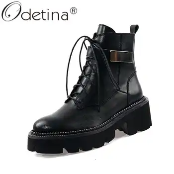 

Odetina Women Hook Loop Round Toe Block Mid Heel Ankle Boots Lady Winter Cross-tied Side Zipper Platform Cow Leather Short Boots