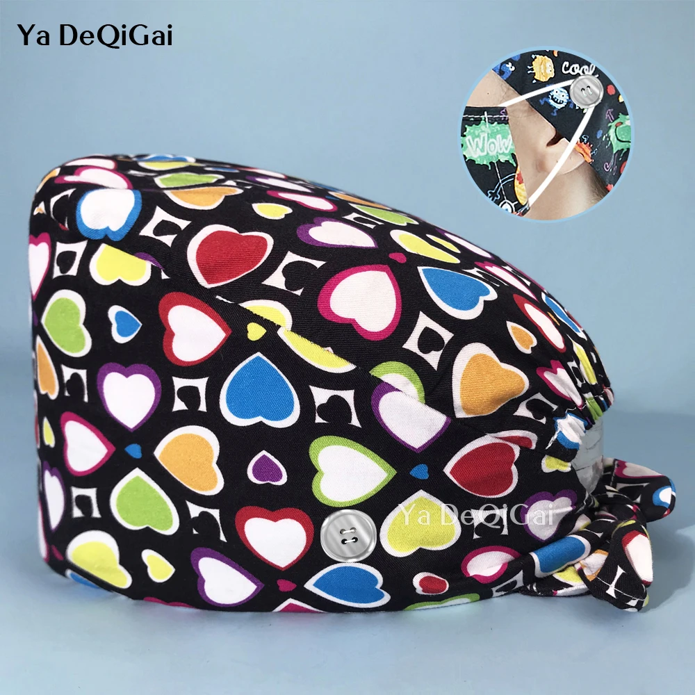100 Cotton Hospital Cartoon Printing Hats Adjustable Scrubs Hat Pet