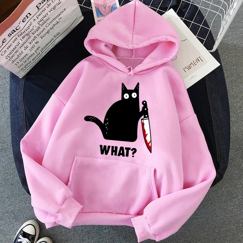

Fashion2019 Autumn Winter Fleece Women's Sportswear Harajuku Print Funny CAT WHAT Hip Hop Clothing Streetwear Hoodies Sweatshirt