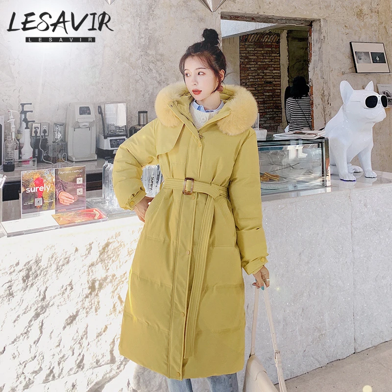 

Mid-length Over-the-knee Down Cotton Jacket Women 2020 Winter New Loose Thick Solid Color Fur Collar Parka Coat